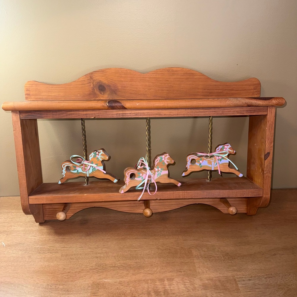 Vintage Wooden Carousel Horse Wall Shelf with Pegs Nursery Decor Brown Pine